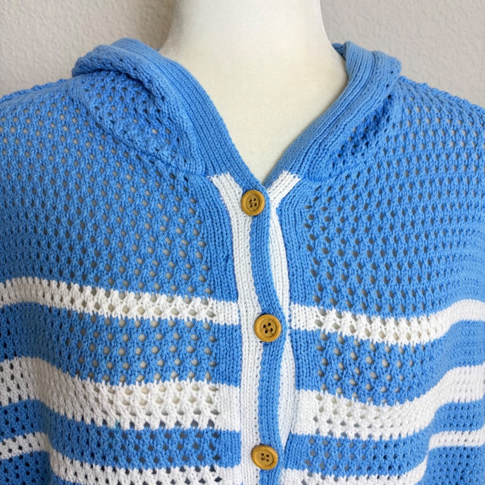 NEW Talbots Womens Blue White Striped Open Knit Hooded Poncho Sweater ML - Picture 3 of 7